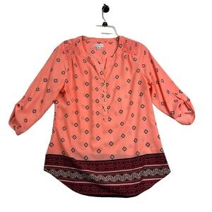 Croft & Barrow Coral Boho Blouse Womens M 3/4 Sleeve Tunic Top Print